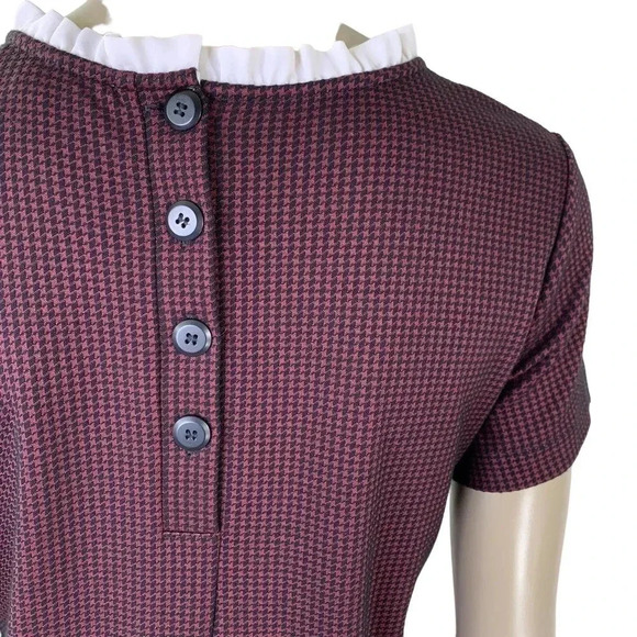 LOFT Houndstooth Tunic Shift Knit Dress Short sleeve Ruffle Neck Burgundy Size 6 - Picture 7 of 14